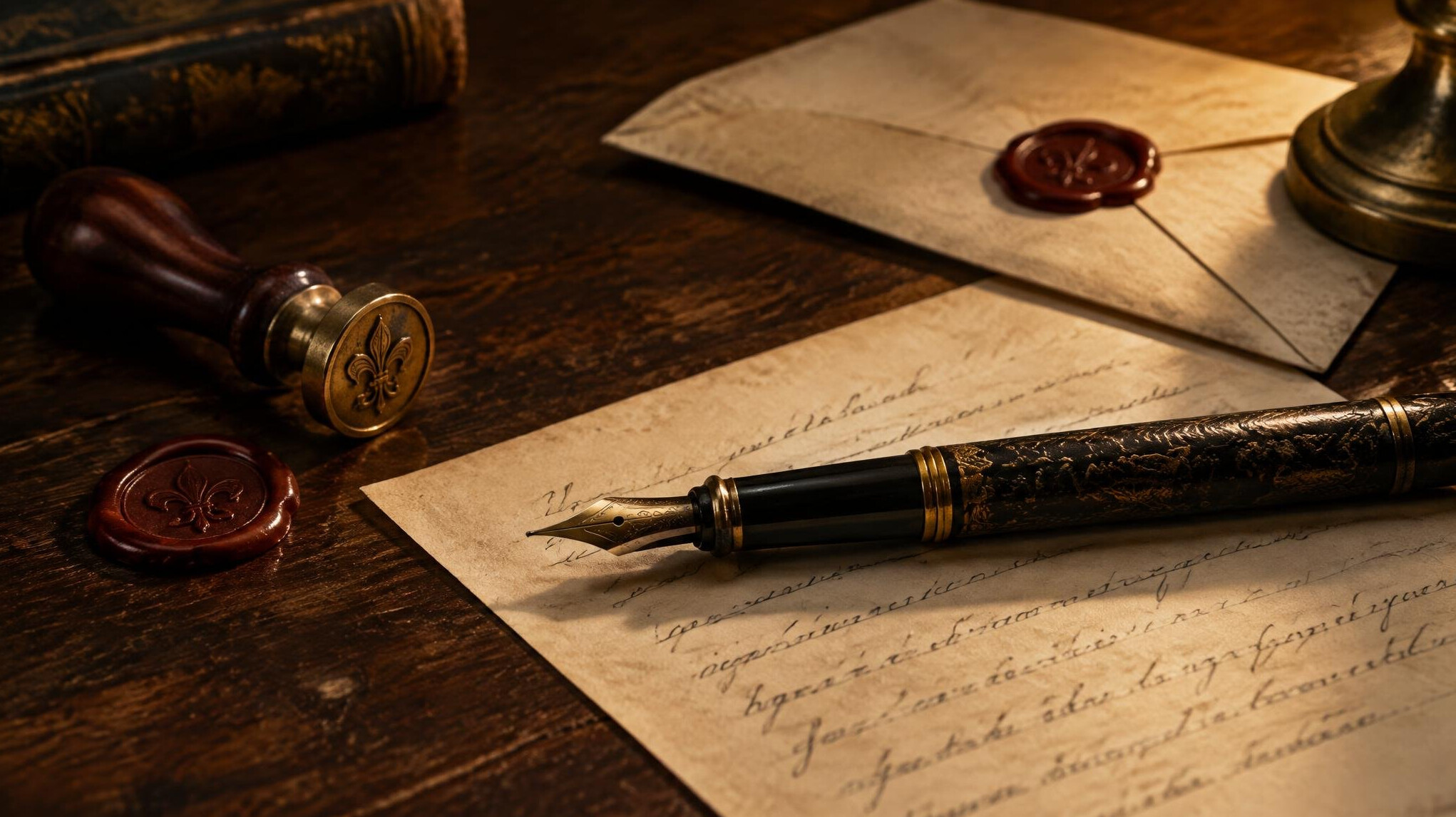 Fountain pen resting on a handwritten letter beside a wax seal