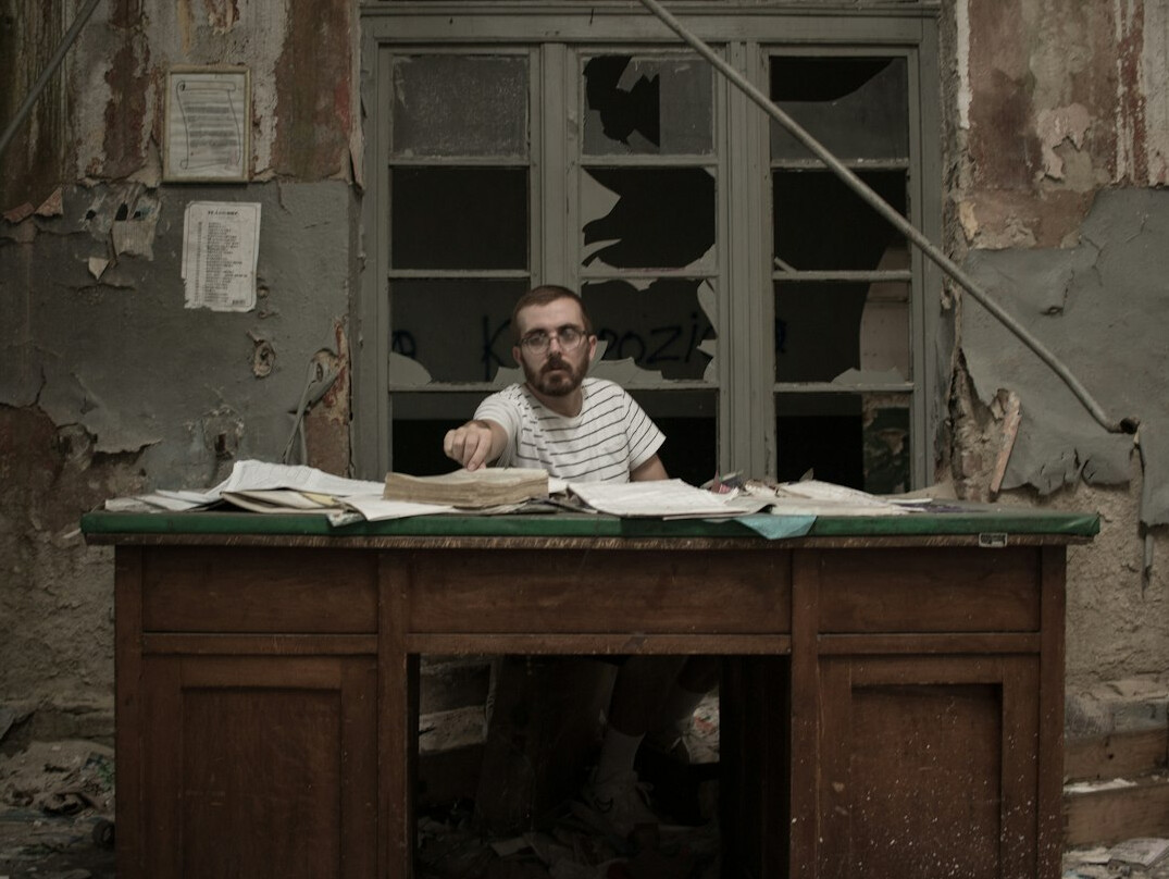 mystery writer at desk