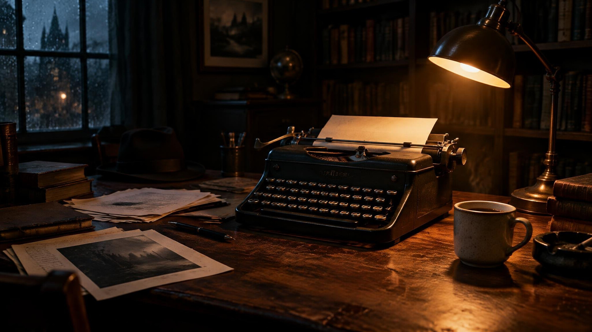 Vintage typewriter on a wooden desk in a dim study